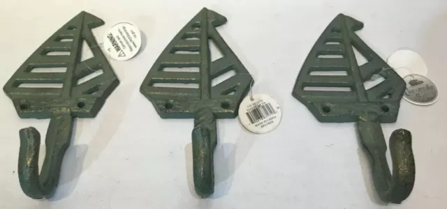 3 Green Sail Boat Wall Hooks 7" Cast Iron Coat Robe Towel Key Pot Nautical Beach