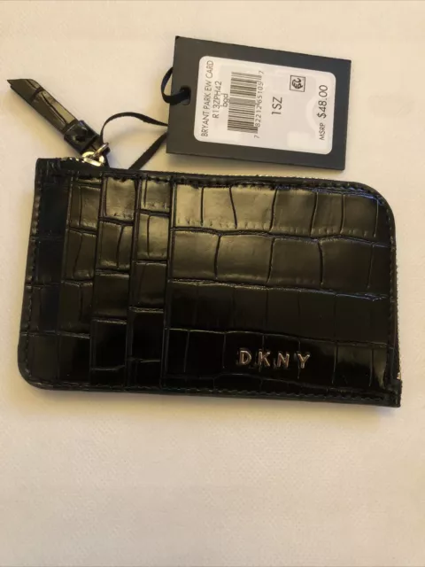 DKNY Bryant Park EW Shiny Black & Gold Faux Croc Print Card Wallet NWT