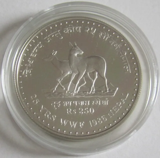 Nepal 250 Rupees 1986 25 Years WWF Deer Silver