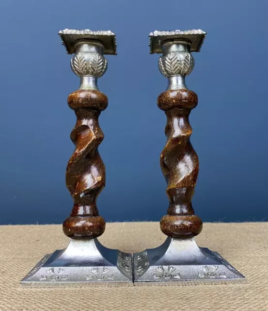 Pair Art Deco Vintage Ornate Chrome & Oak Bobbin Shaped Candlesticks