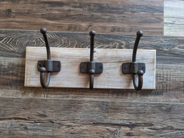 Industrial Look Coat Rack Three Natural Wood Metal Hooks Aged Look