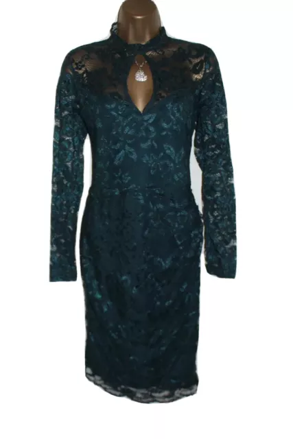 Lipsy Green Lace Bodycon Dress 12 Long Sleeve Midi Party Evening Wiggle Occasion
