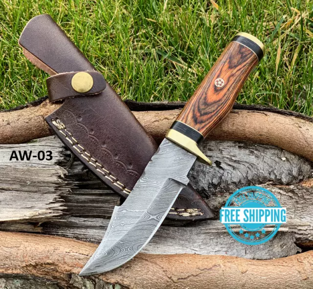 CUSTOM HAND FORGED DAMASCUS Steel Hunting Knife W/ Wood & Brass Guard Handle New