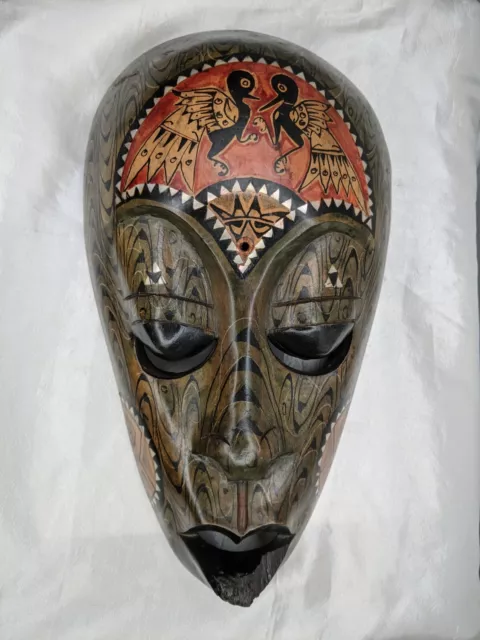 Tribal Mask African Wood Carved Mother of Pearl Inlay Painted Wall Decor Vintage