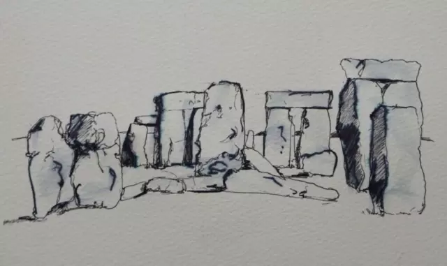 Original Stift & Tinte Wäsche Zeichnung Skizze Stonehenge Prähistorisches Denkmal