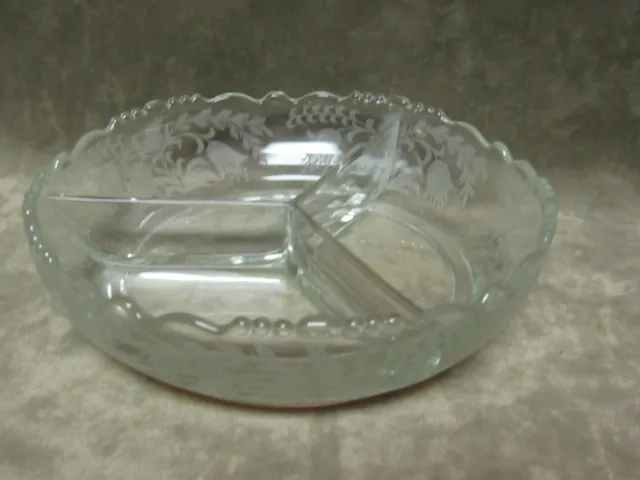 Vintage 1940's Tiffin Glass Fuchsia Etched 3-Part Relish Dish in Clear Color