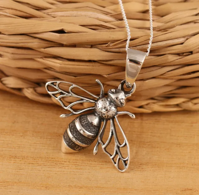 Solid 925 Sterling Silver Bumble Bee Oxidized Pendant Necklace Chain Gift Boxed