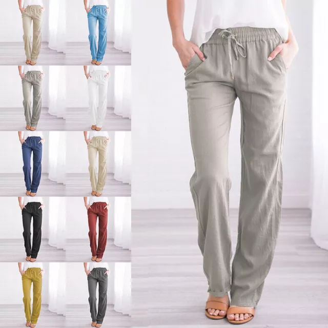 Women Solid Cotton Trousers Long Pants Ladies Elastic Waist Pocket Bottoms New