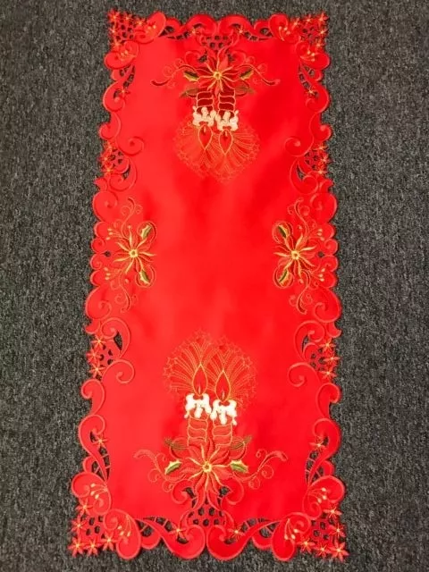 Red Christmas Embroidered Embroidery Poinsettia Candle Cutwork Placemat Runner 2