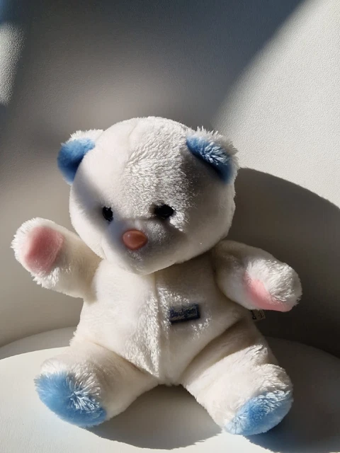 066. DOUDOU PELUCHE OURS BOULGOM blanc bleu rose nez orange 30cm - TTBE