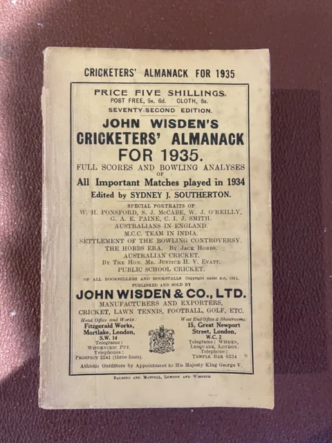 Wisden Cricketers Almanack Softback 1935 with bookmark