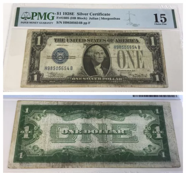 VINTAGE rare 1928-E PMG 15 SILVER CERTIFICATE NOTE $1 PCGS ONE DOLLAR BILL