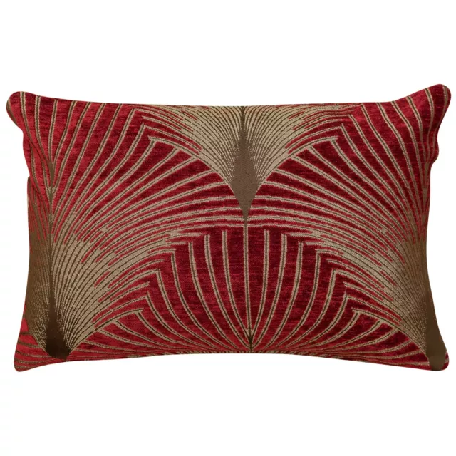 Art Deco Boudoir Cushion. Luxury Velvet Chenille. Red and Gold Fan Pattern.