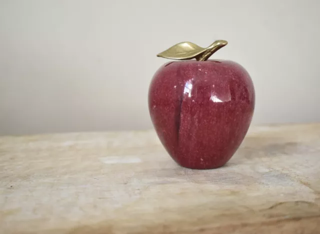 Polished Marble Stone Alabaster Red Apple Paperweight, Brass Leaf, 3.75” Vintage