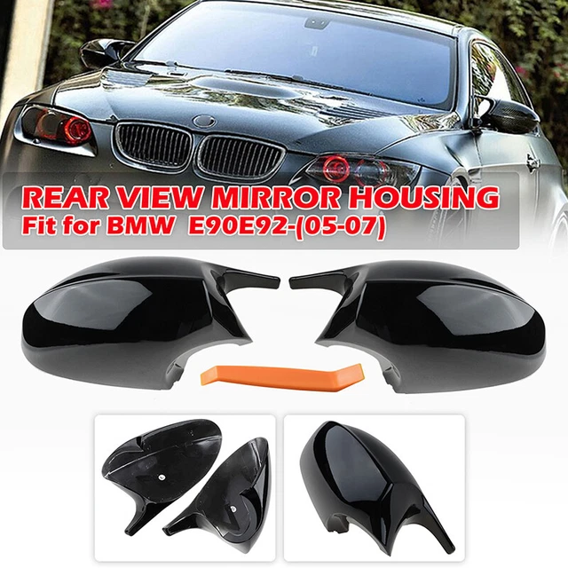 Pair Gloss Black Door Wing Mirror Cover Caps For BMW E90 E91 E92 PRE-LCI 2005-08