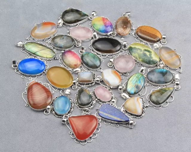 Wholesale Lot 5 Pcs Assorted Gemstone 925 Silver Plated Pendants AL-11-001