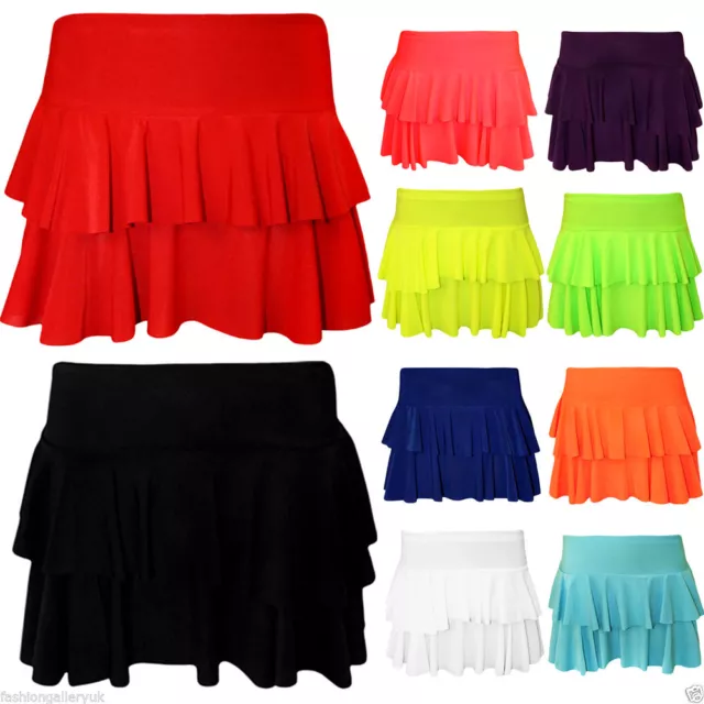 Girls Women's Rara Two Tier Frill Gym Dance Ladies Neon Plain Mini Party Skirts