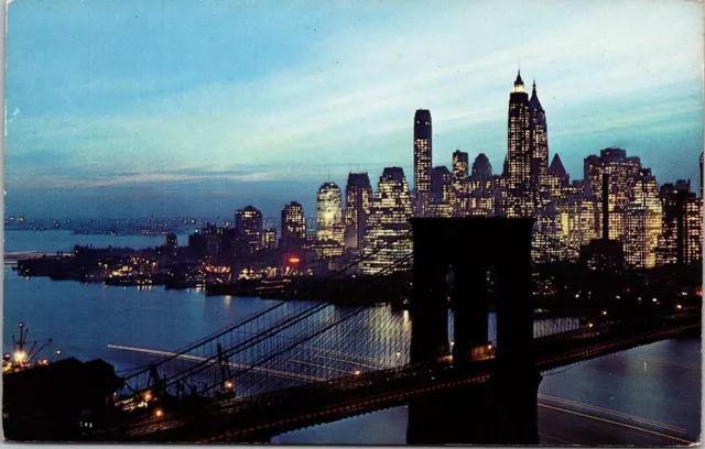 Nightfall Lower Manhattan Brooklyn Bridge New York City NY Postcard VTG UNP