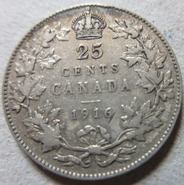 1916 Canada Silver Twenty-Five Cents Coin. BETTER GRADE Quarter 25C (Q411)