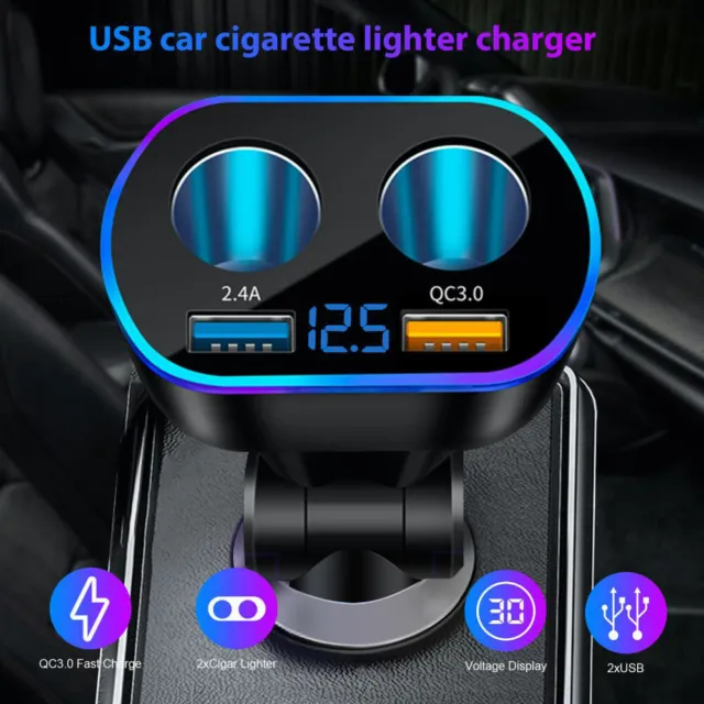 Dual QC3.0 USB Power Adapter 12V RGB 2 Way Car Cigarette Lighter Socket Splitter