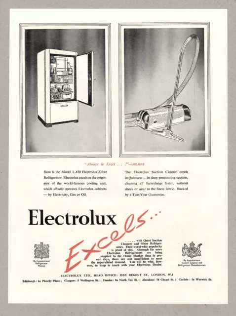 Electrolux Vacuum Cleaner & Refrigerator Vintage Advert 1950 10.75" x 8"