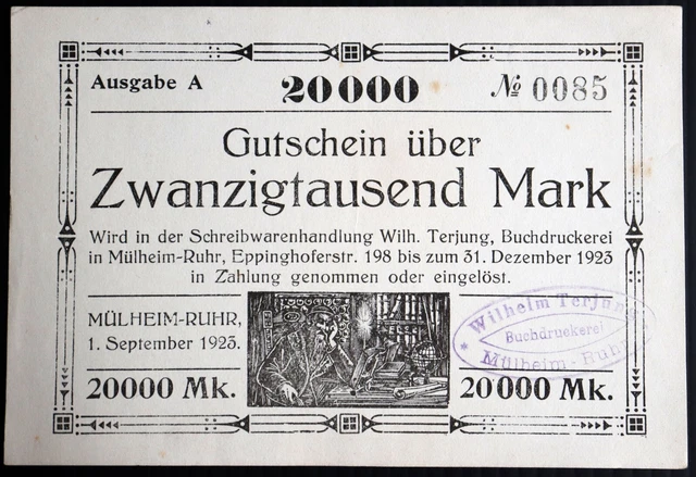 MÜLHEIM 1923 XX-RARE "Wilhelm Terjung" 20000 Mark Inflation Notgeld Germany