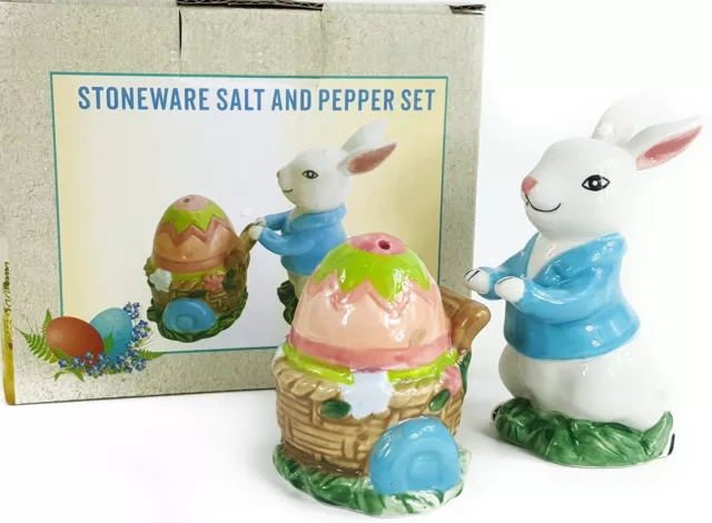 Easter Bunny w Egg Basket Cart Stoneware Figurine Salt & Pepper Shaker Set NEW