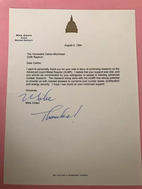 Mike Crapo 1994 Typed Letter Signed as Congressman - To Carlos Moorhead - Idaho