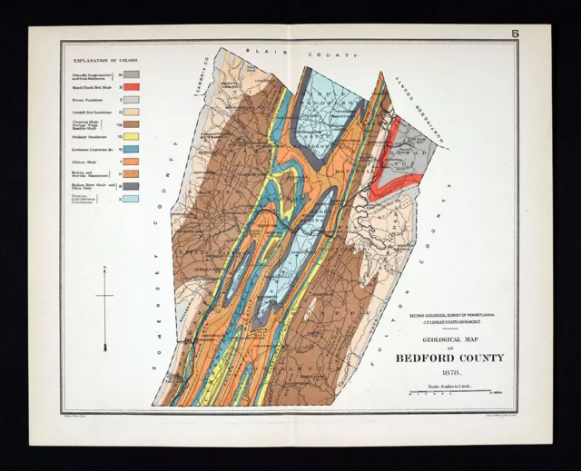 1878 Pennsylvania Geology Map Bedford County Limestone Sandstone Shale by Lesley