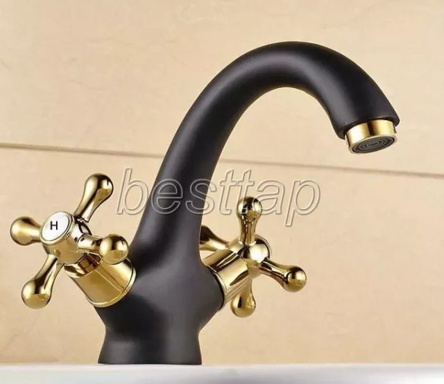 Black Gold Color Brass Dual Cross Handles Bathroom Sink Faucet Mixer Tap snf806