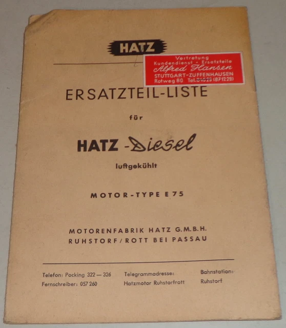 PARTS CATALOG/SPARE PARTS List Hatz Diesel Motor E 75 Stand 09/1961 £24