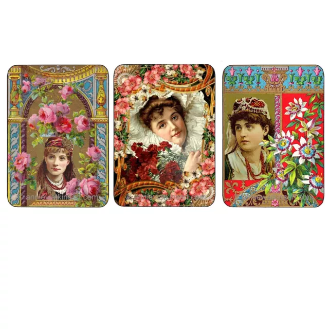 Three vintage style swap playing cards featuring ladies and flowers