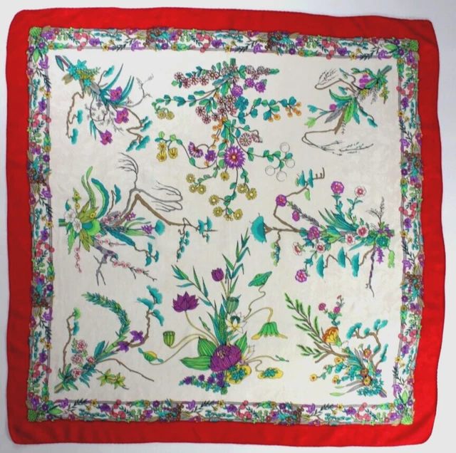 Foulard Carré Vintage En Soie 100% - Motif Géométrique Multicolore, Authentique, Bon état Général
