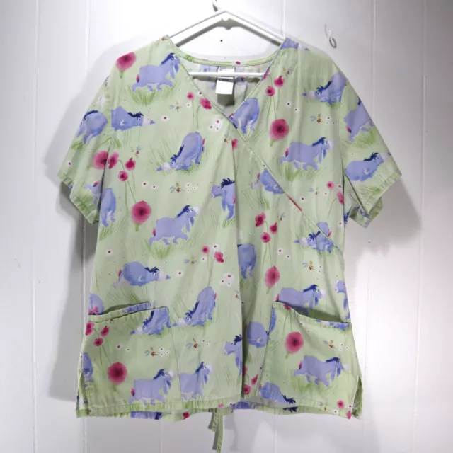 Disney Eeyore Womens Scrub Shirt Top Size XL Flowers Bee Winnie the Pooh Green