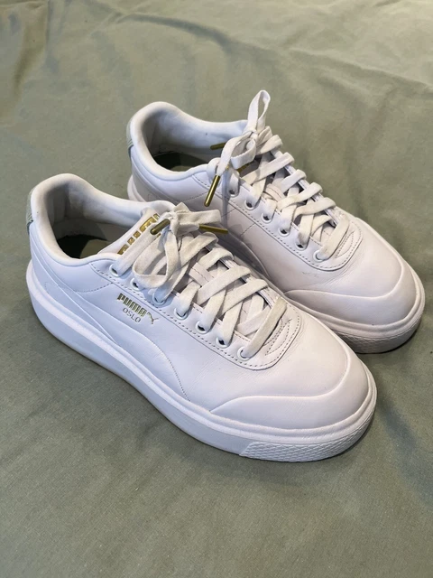 PUMA OSLO FEMME leather trainers in white and sage size Uk 4