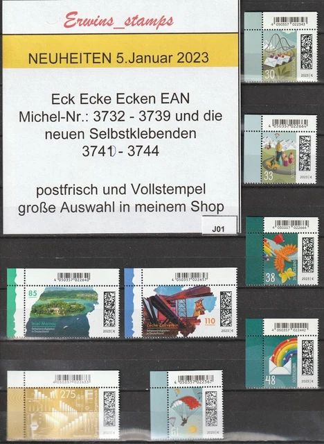 J01 Bund 5. Januar 2023 Mi-Nr: 3732 - 3739 ECKE ECKEN EAN postfrisch Vollstempel