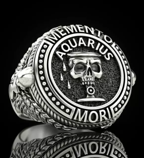 'Memento' Mori Tête de Mort Zodiaque Aquarius Signe 925 Argent Oxydé Homme Bague