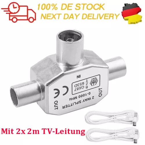 2 fach TV Antennenverteiler Verteiler Splitter mit 2x 2m Kabel Antennen Adapter