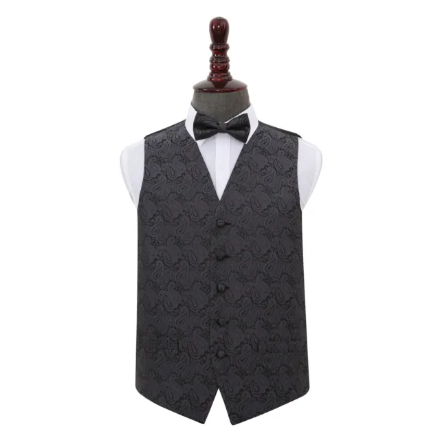 DQT Woven Floral Paisley Charcoal Grey Mens Wedding Waistcoat & Bow Tie Set