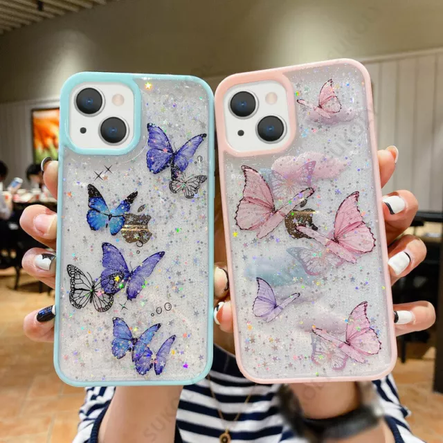 For iPhone 15 14 13 12 11 Pro Max XR X 8 Glitter Butterfly Clear Soft Case Cover