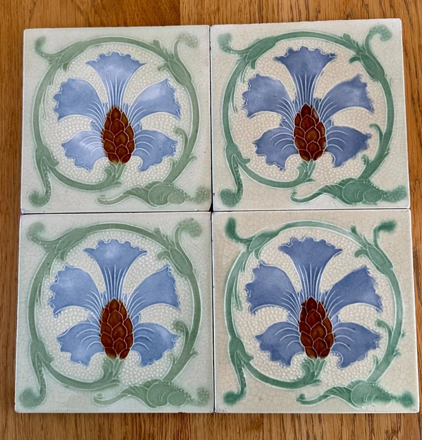 Four Good Antique Victorian Art Nouveau Tiles 15cm Square Possibly Corn Brothers