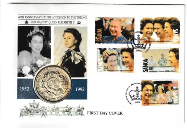 6/2/1992 Samoa Coin Cover FDC - 40th Anniversary of the Accession