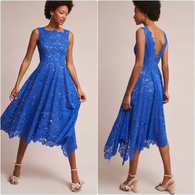 Anthropologie Tracy Reese Cerulean Sky Cobalt Blue Lace Asymmetrical Midi Dress