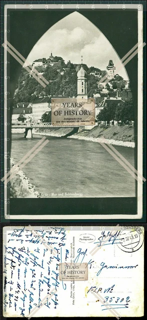 Orig. AK Graz Albrechtsbrücke mit Schlossberg und Mur 1943 Feldpost gelaufen
