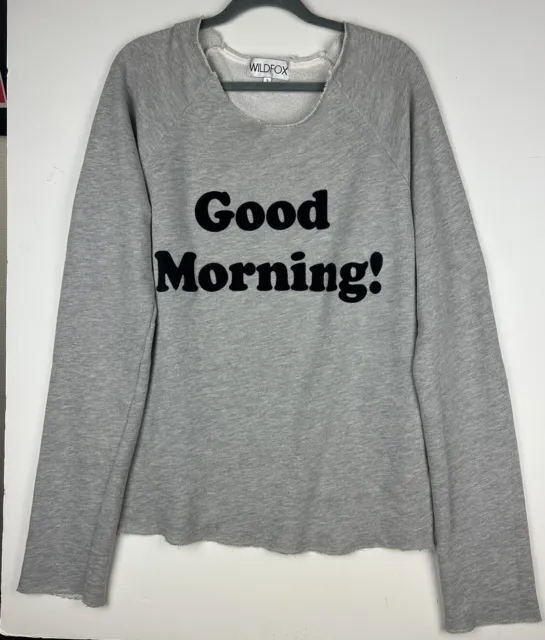 Wildfox Good Morning Sweatshirt Oversized Gray Raw Hem Spellout Pullover S