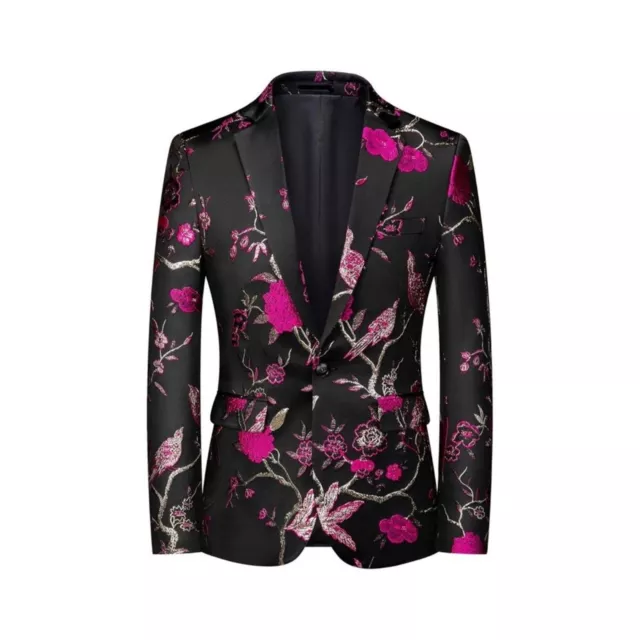 Men’s metallic black floral design tuxedo jacket suit with tie, size 36