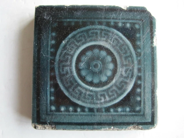 Antique Victorian Mintons 3" Sq. Moulded & Majolica Glazed Blue Tile