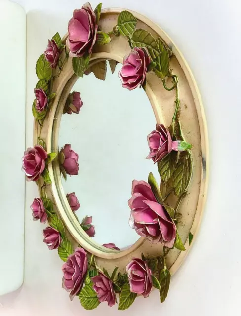 Vintage 14 Inch Round Wrought Iron Ornate Wall Mirror Pink Roses & Green Leaves