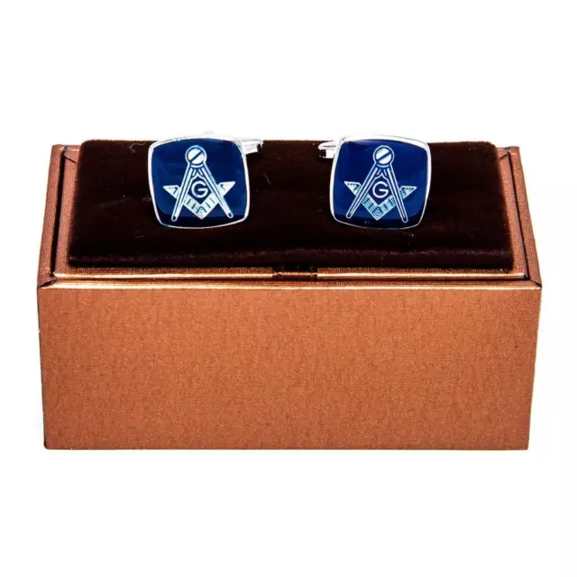 Mason Blue Square Pair Cufflinks Groom Wedding Fancy Gift Box & Polishing Cloth