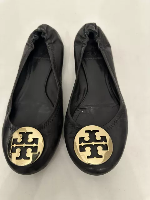 Tory Burch Black Reva Leather Gold Logo Ballet Flats Sz 7.5M